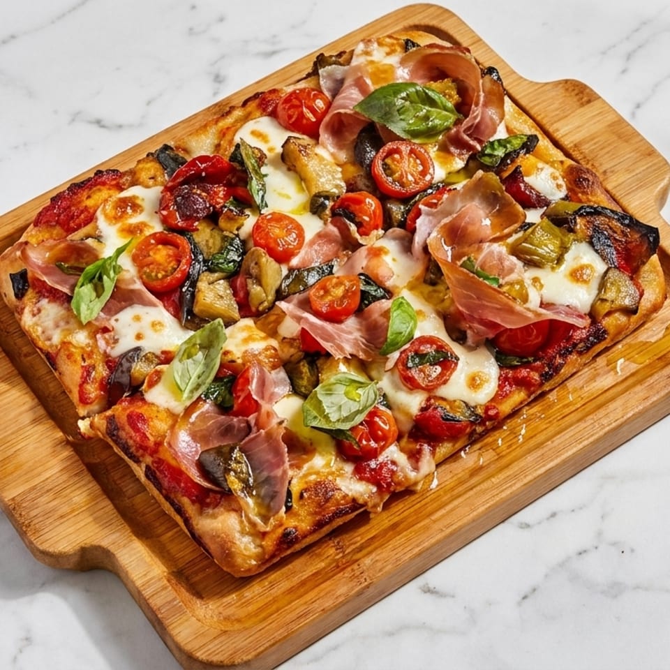 Rectangular pizza with prosciutto, cherry tomatoes, mozzarella, basil, and roasted vegetables on a wooden board.
