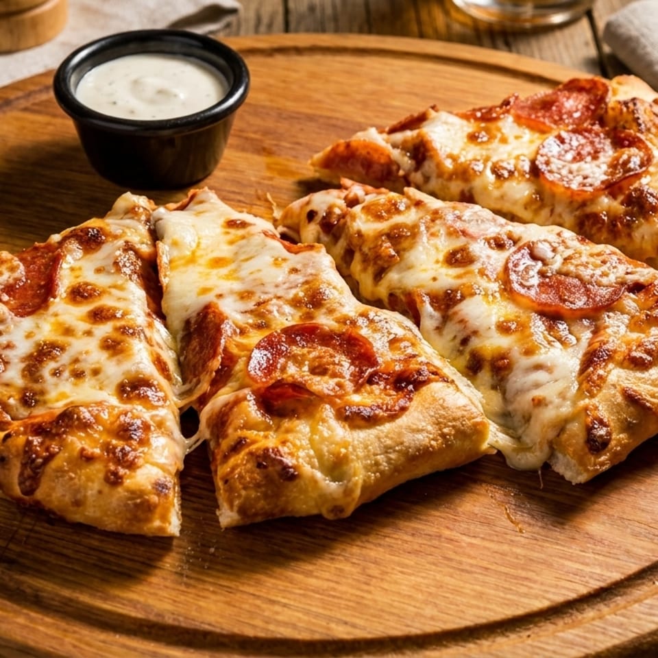 Four slices of pepperoni pizza with melted cheese and a side of ranch dressing on a wooden board.