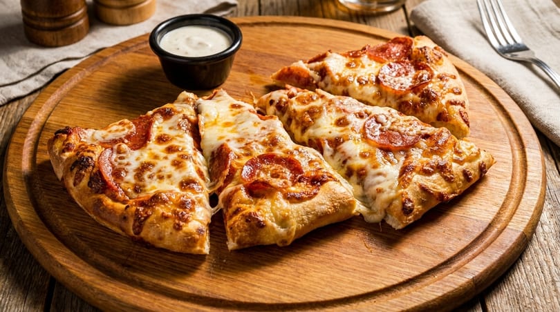 Four slices of pepperoni pizza with melted cheese and a side of ranch dressing on a wooden board.