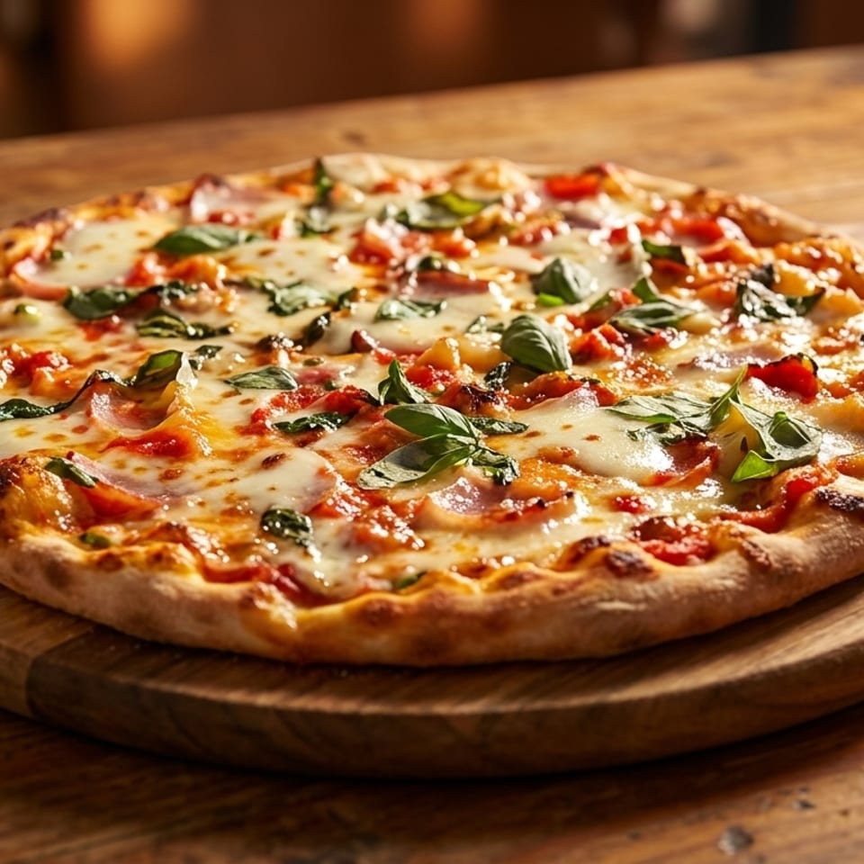 A freshly baked pizza with melted cheese, tomato, and basil on a wooden serving board.