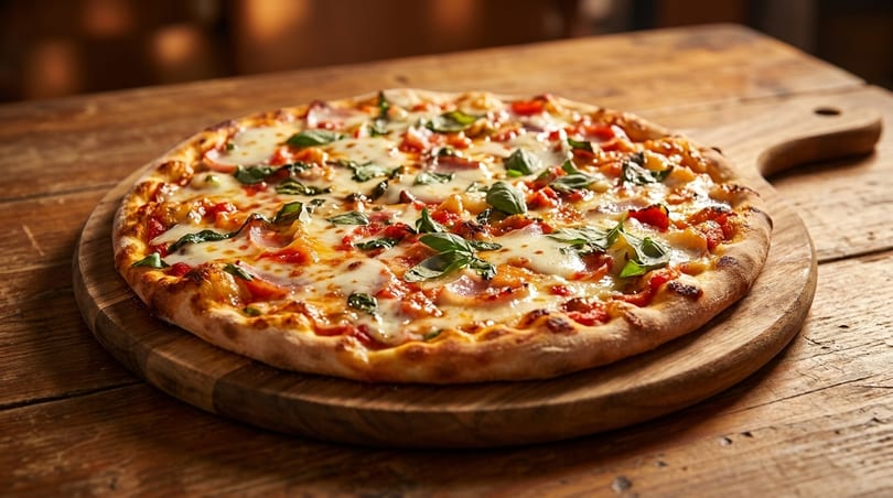 A freshly baked pizza with melted cheese, tomato, and basil on a wooden serving board.