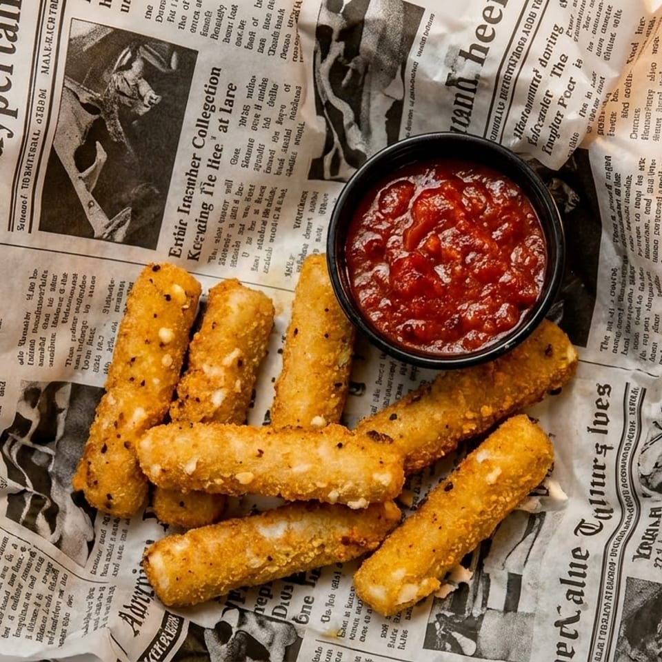 Crispy golden mozzarella sticks and a small bowl of marinara sauce in a metal basket lined with newspaper.
