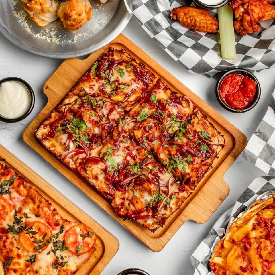 A flat lay of various dishes including two square pizzas, a Philly cheesesteak, and loaded fries.