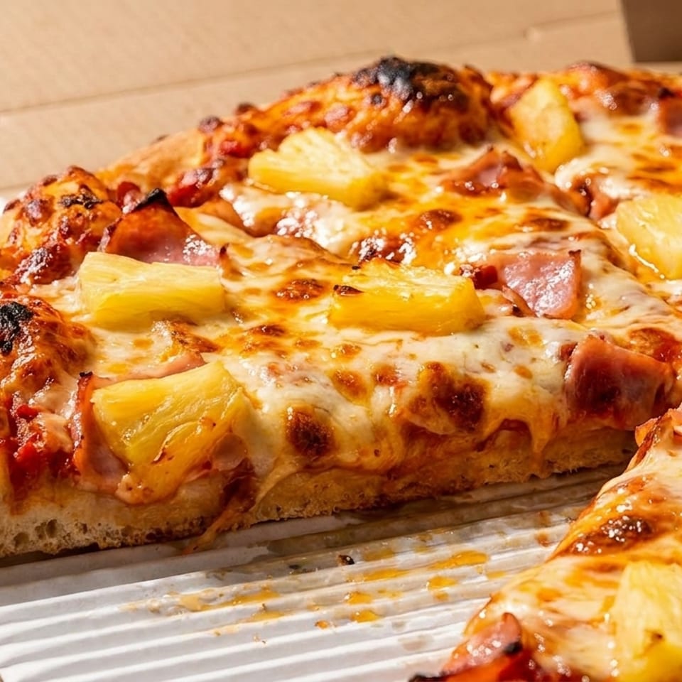 Close-up of a Hawaiian pizza with pineapple and ham in a cardboard delivery box.