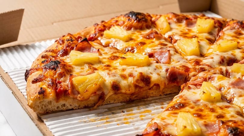 Close-up of a Hawaiian pizza with pineapple and ham in a cardboard delivery box.